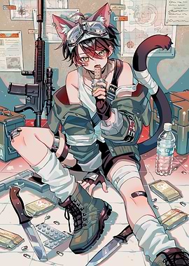 Anime Cat-Eared Character with Weapons