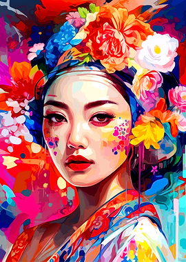 Colorful Asian Woman Portrait with Flowers