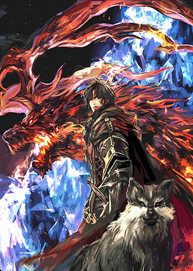 Fantasy Warrior with Dragon and Wolf