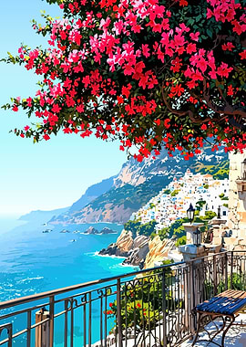 Coastal Town View with Red Flowers