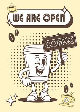 Coffee Shop Open Cartoon Illustration