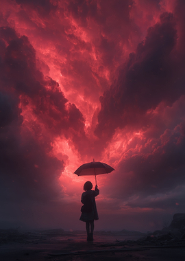 Girl with Umbrella Under Red Sky