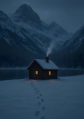 Winter Cabin by Lake with Mountains