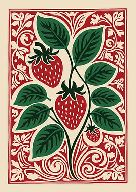 Strawberry Plant Illustration with Decorative Border