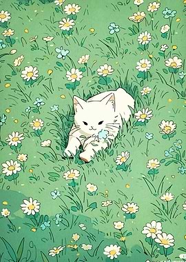 White Cat in a Flower Meadow