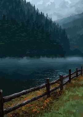Misty Lake and Forest Landscape