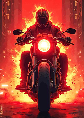 Motorcycle Rider Fiery Cityscape