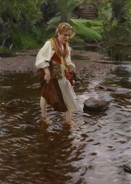 Girl wading in stream painting