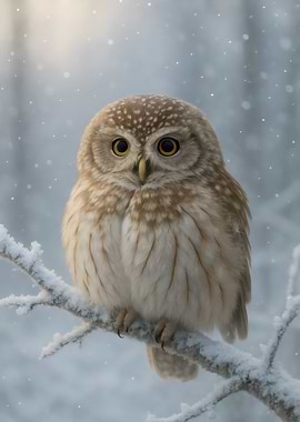Cute Owl in Winter Wonderland