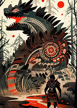 Dragon and Warrior in Forest Illustration