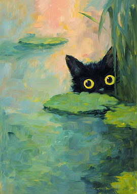 Black Cat in Pond Painting