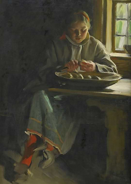 Woman Peeling Potatoes by Window Painting