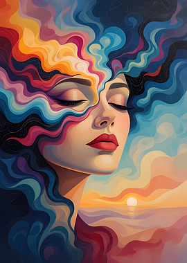 Dreamy Woman Portrait with Colorful Waves