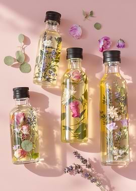 Floral Infusion Bottles on Pink Background