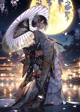 Kimono Girl with Umbrella under Moonlight