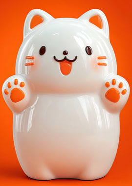 Cute White Cat Figurine on Orange Background