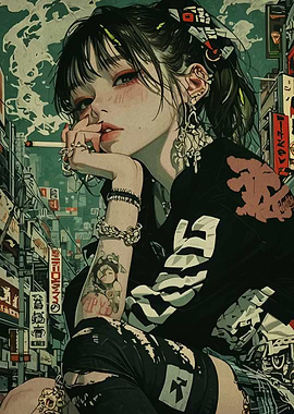 Anime Girl Smoking in Cityscape