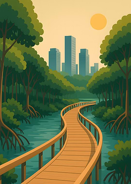 Wooden Path Through Mangrove Forest to City