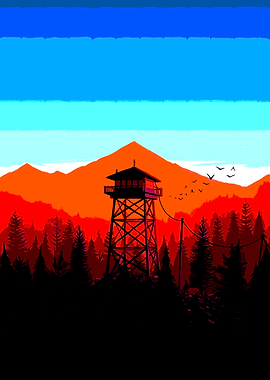 Pixel Art Fire Lookout Tower Landscape
