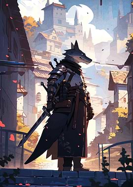 Wolf Warrior in Medieval Cityscape