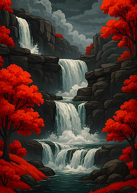 Cascading Waterfall with Autumnal Trees