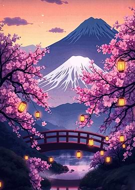 Mount Fuji Cherry Blossoms and Bridge