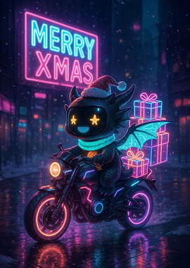 Cute Cyberpunk Dragon Christmas Delivery