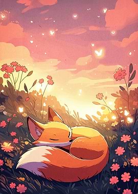 Sleeping Fox in a Flower Field