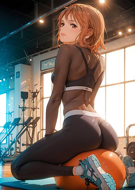 Anime Girl Exercising on Gym Ball