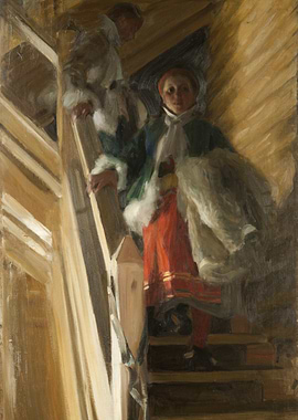 Figures on Wooden Stairs Painting