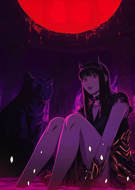 Anime Girl with Cat and Red Moon