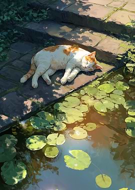 Cat Nap by the Lily Pond