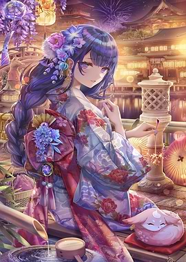 Girl in Kimono with Fireworks