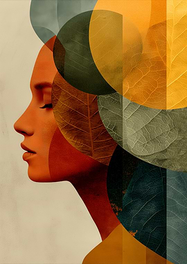 Serene Botanical Profile — Geometric Leaves Portrait for Home Decor