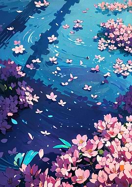 Cherry Blossoms Floating on Water