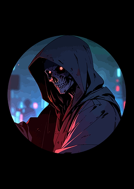 Hooded Skull in Cyberpunk Cityscape