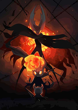 Hollow Knight characters with fiery background