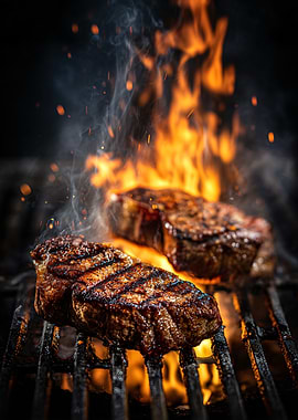 Grilled Steaks with Flames and Smoke