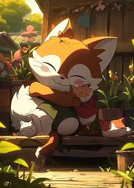 Fox Family Hugging Cartoon Illustration