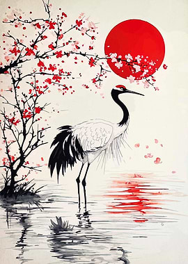 Crane, Cherry Blossoms, and Rising Sun