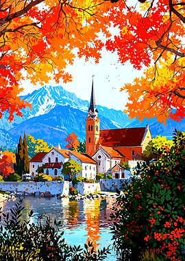 Autumn Village Landscape with Church