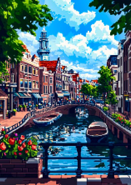Pixel Art Amsterdam Canal Scene