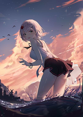 Girl in Water at Sunset