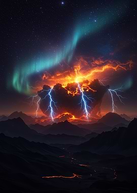 Dramatic Aurora, Lightning, and Mountain Landscape