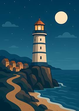 Lighthouse at Night Vector Illustration