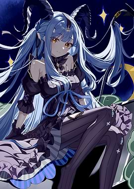 Anime Girl with Horns and Blue Hair
