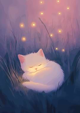 Sleeping Cat with Fireflies Illustration
