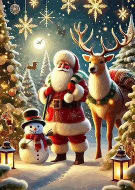 Christmas Scene with Santa, Reindeer, Snowman