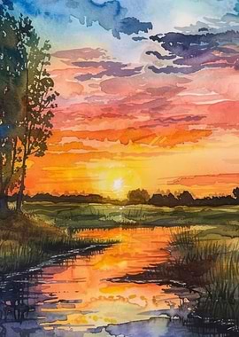 Watercolor Sunset Landscape with River