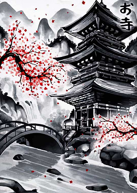 Japanese Temple with Cherry Blossoms Painting
